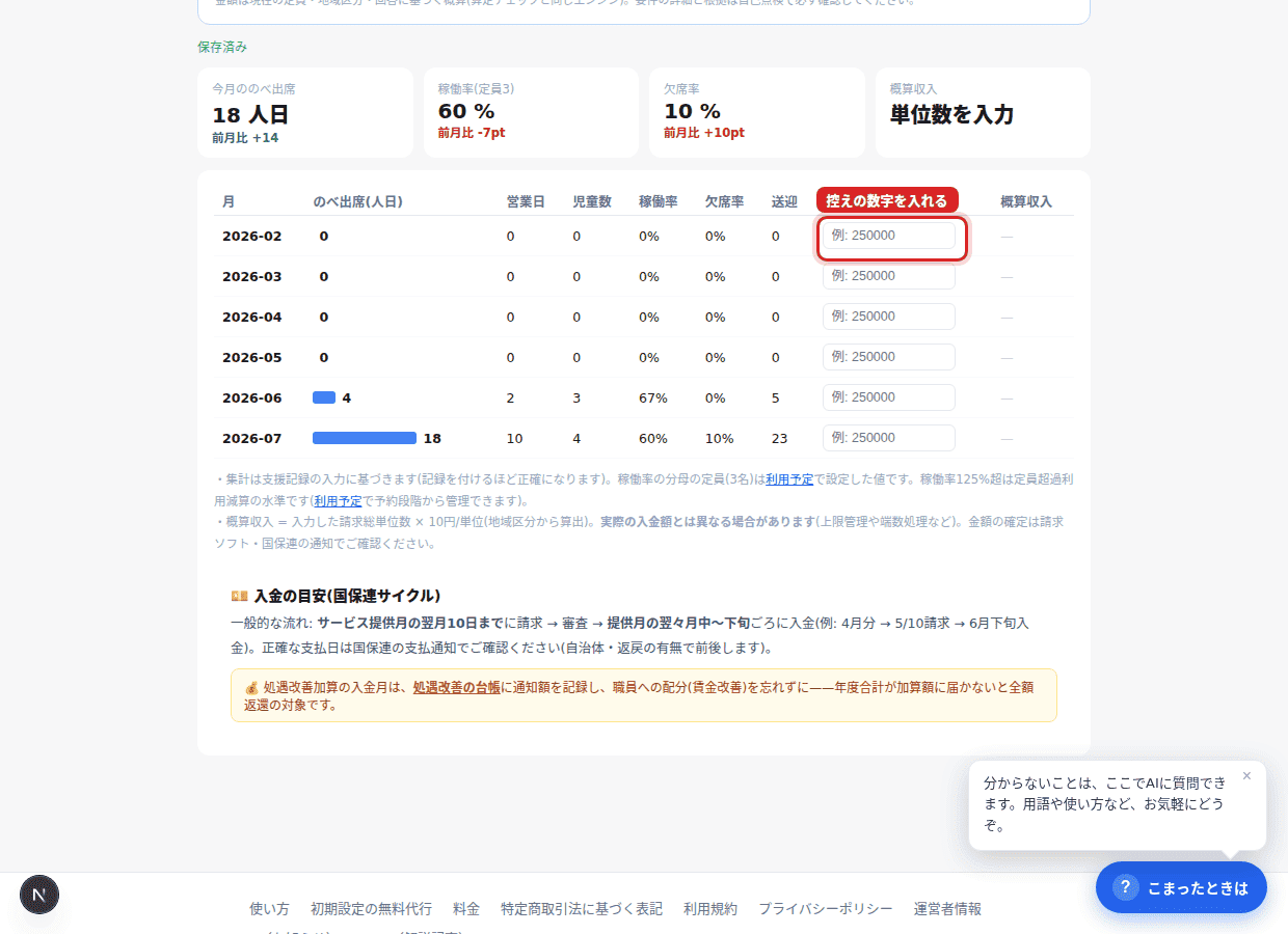 赤枠に単位数を入れると金額換算